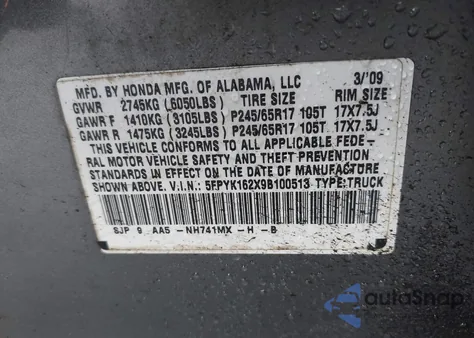 2009 Honda Ridgeline Rt из США, поврежденный, VIN 5FPYK162X9B100513